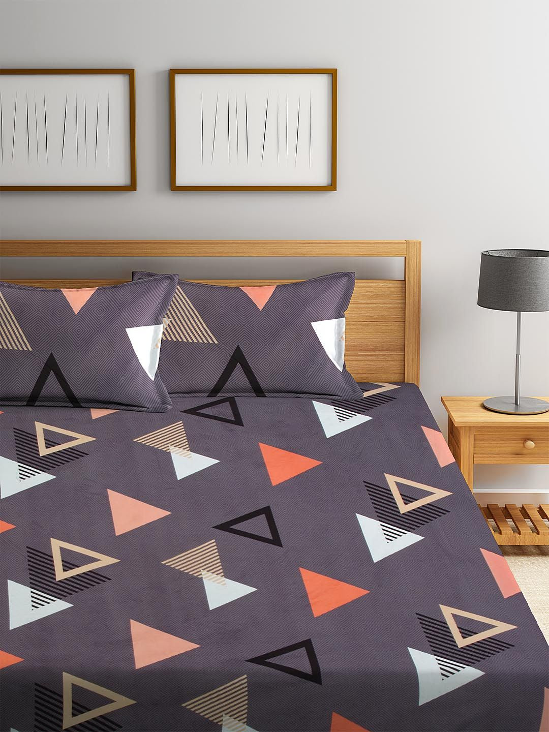 KLOTTHE Purple & Orange Geometric 300 TC King Fitted Bedsheet with 2 Pillow Covers