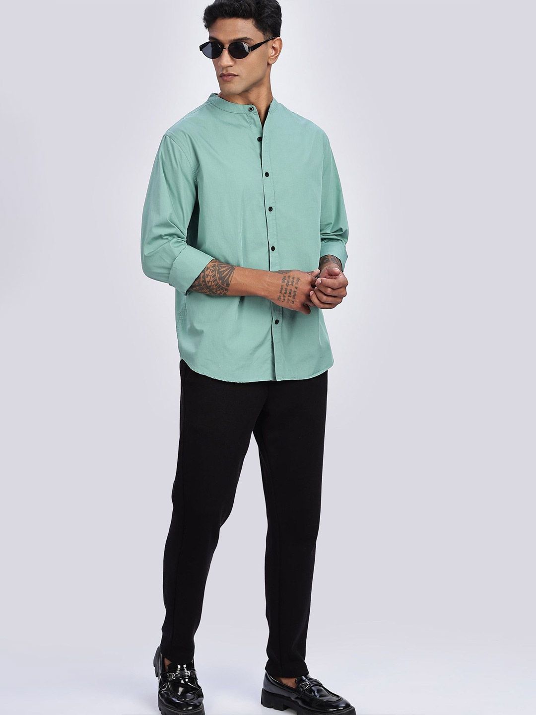 Eszett Long Sleeves Mandarin Collar Opaque Pure Cotton Regular Fit Casual Shirt