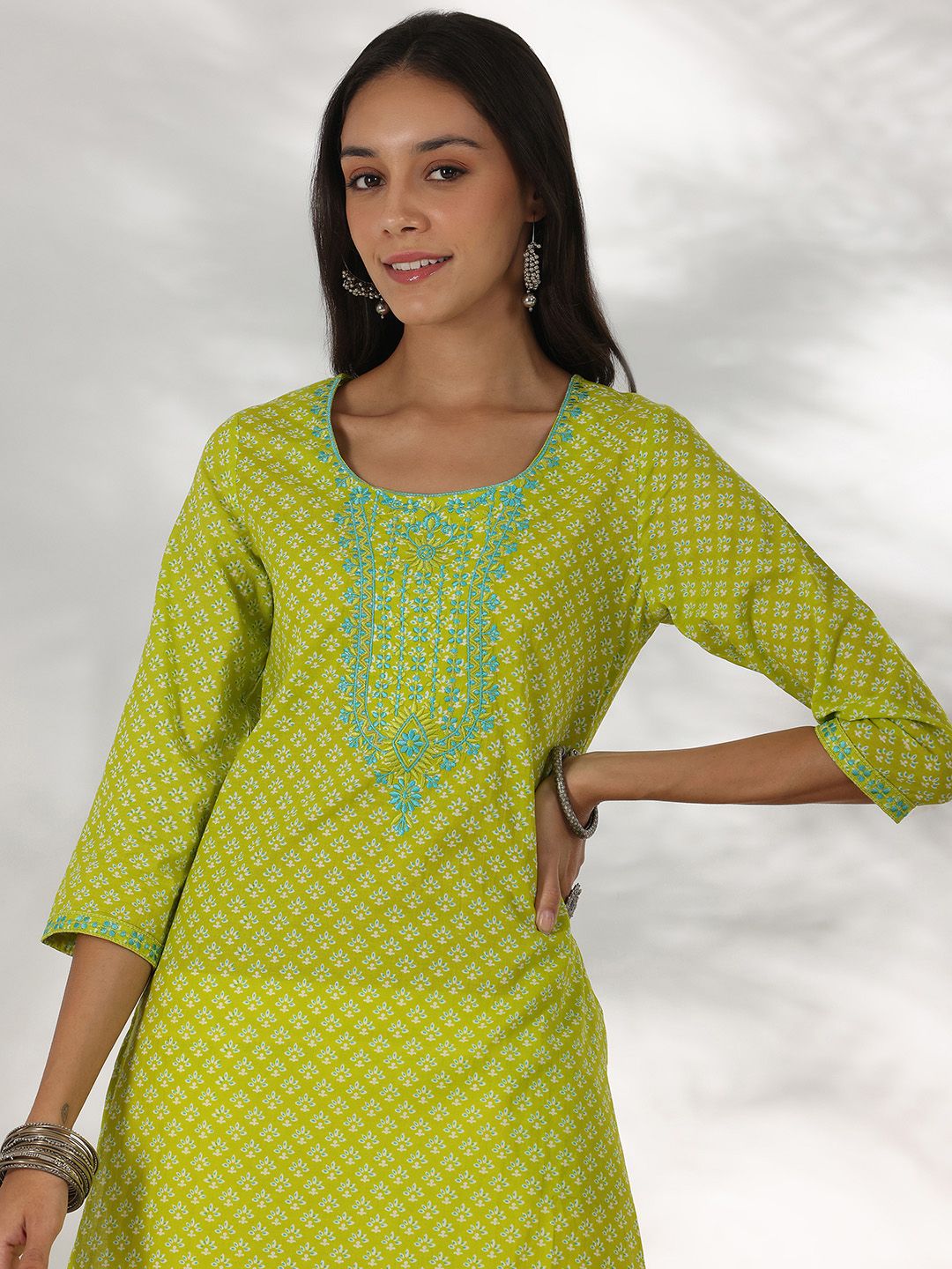 Libas Floral Printed Round Neck Thread WorkCotton Straight Kurta