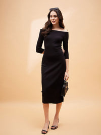 SASSAFRAS BASICS Self Design Off-Shoulder Sheath Midi Dress