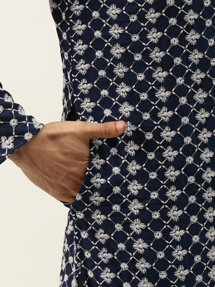 SOJANYA Men Navy Chikankari Embroidered Kurta with Churidar & Nehru Jacket