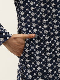 SOJANYA Men Navy Chikankari Embroidered Kurta with Churidar & Nehru Jacket