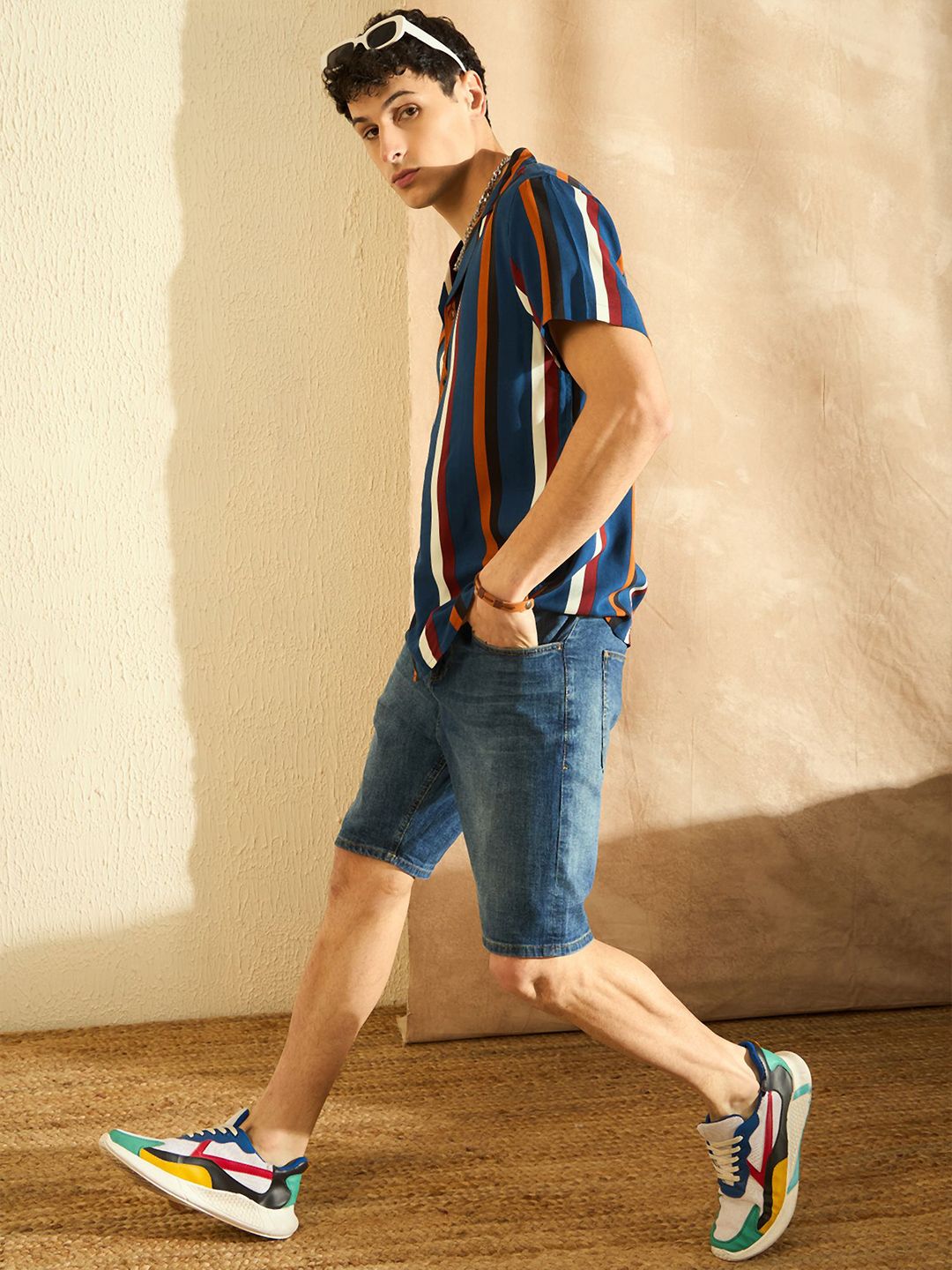DENNISON Smart Oversized Striped Cuban Collar Casual Shirt