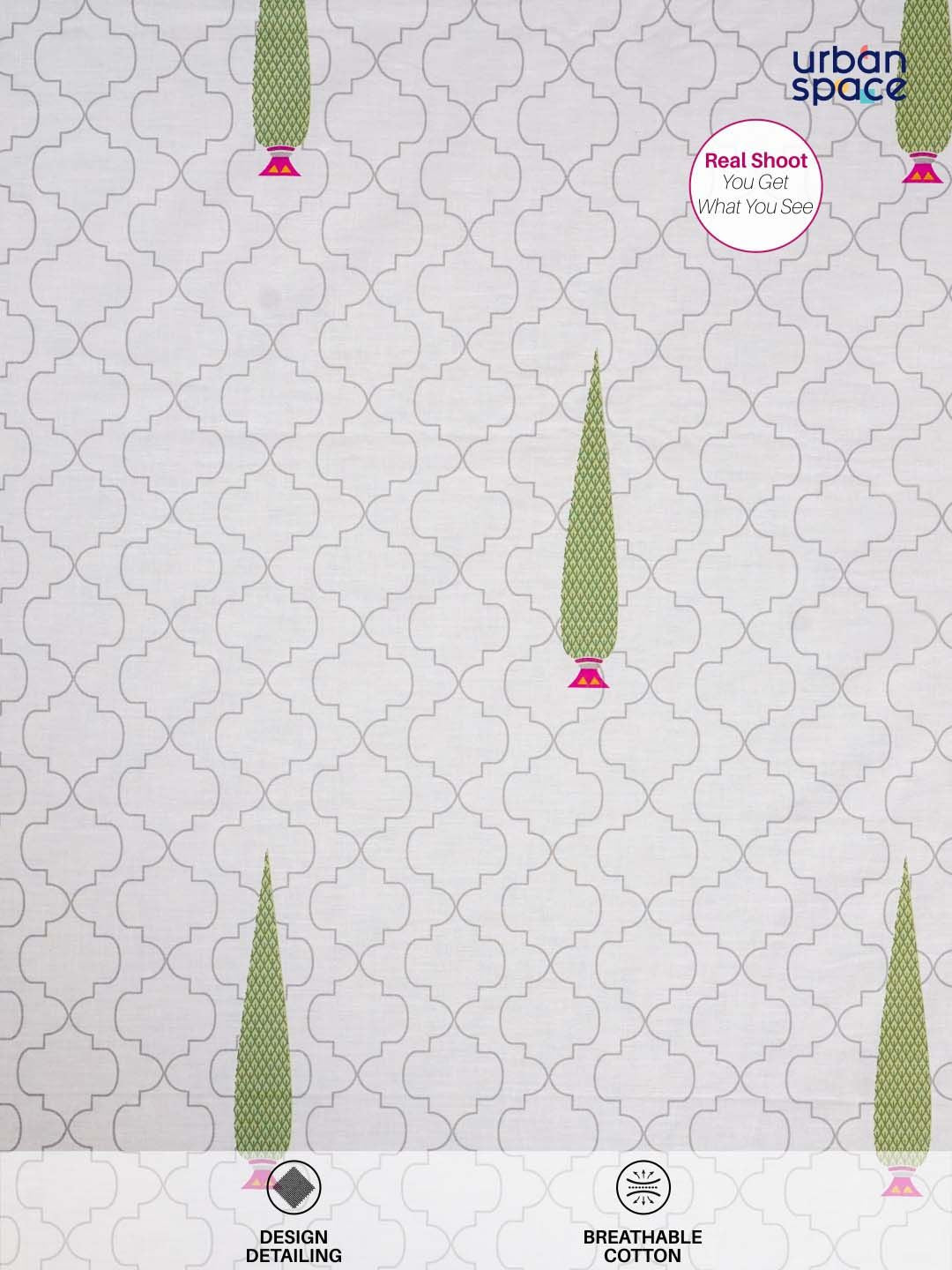 URBAN SPACE Pinewood White & Green Pure Cotton 200 TC Queen Bedsheet with 2 Pillow Covers