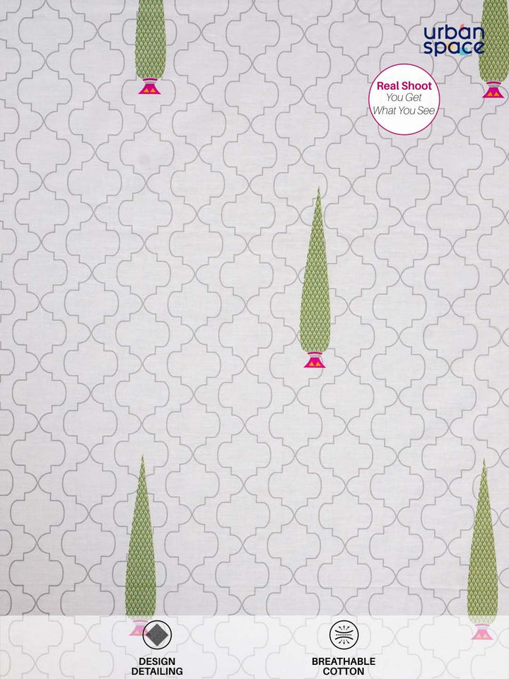 URBAN SPACE Pinewood White & Green Pure Cotton 200 TC Queen Bedsheet with 2 Pillow Covers