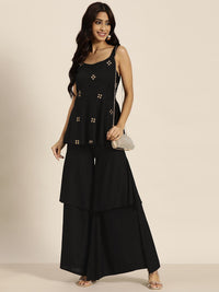 Shae by SASSAFRAS Black & Golden Zari Embroidered Liva A-Line Top