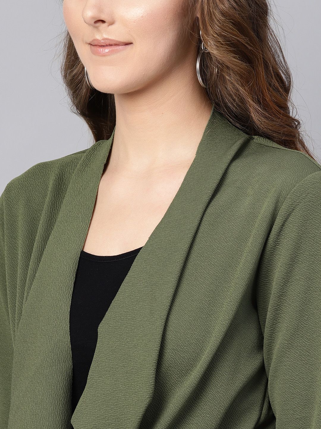 SASSAFRAS Women Olive Green Solid Longline Waterfall Shrug with Tie-Up