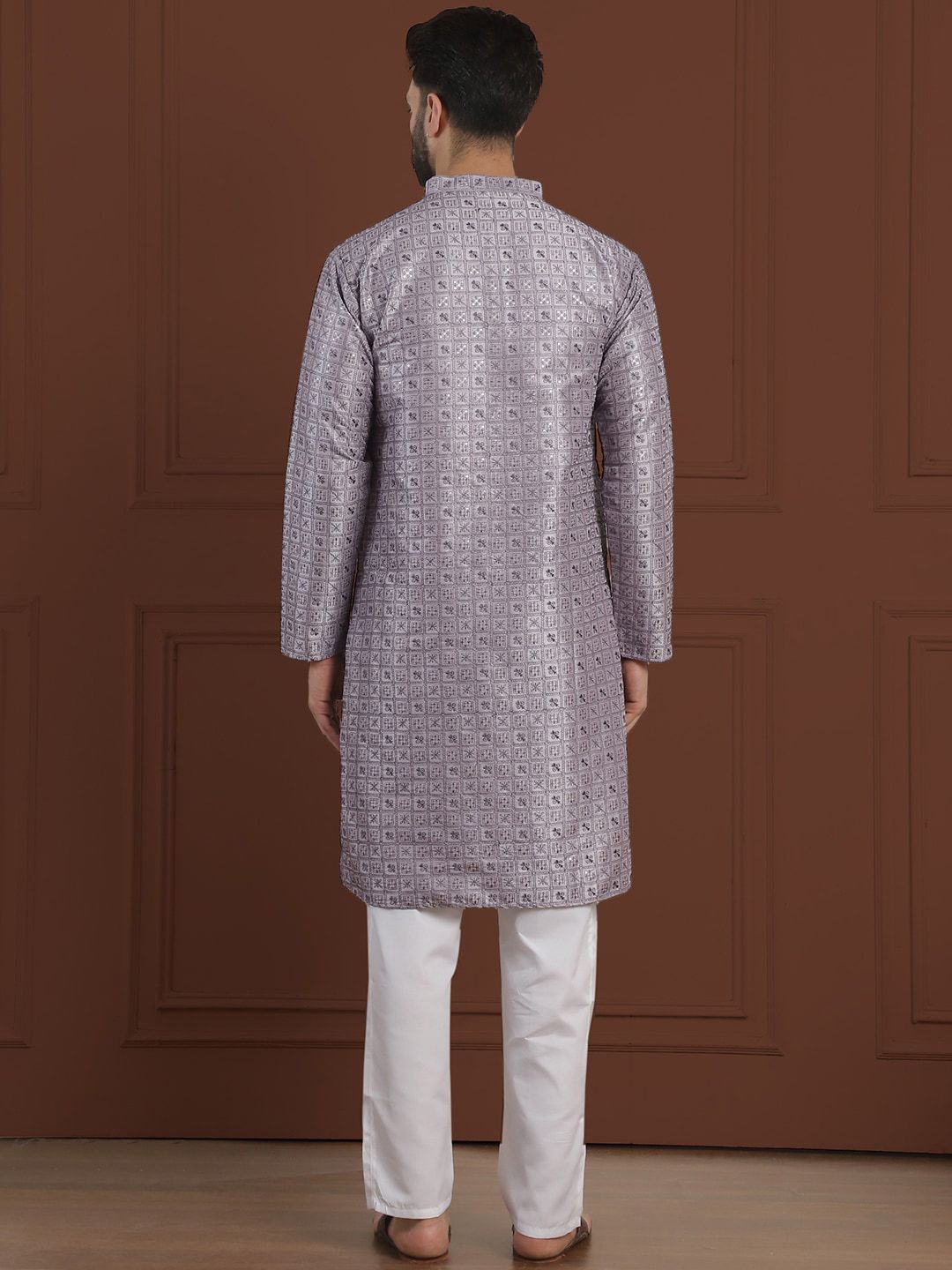 SOJANYA LUXE Ethnic Motifs Embroidered Mandarin Collar Straight Cotton Silk Kurta & Pyjama