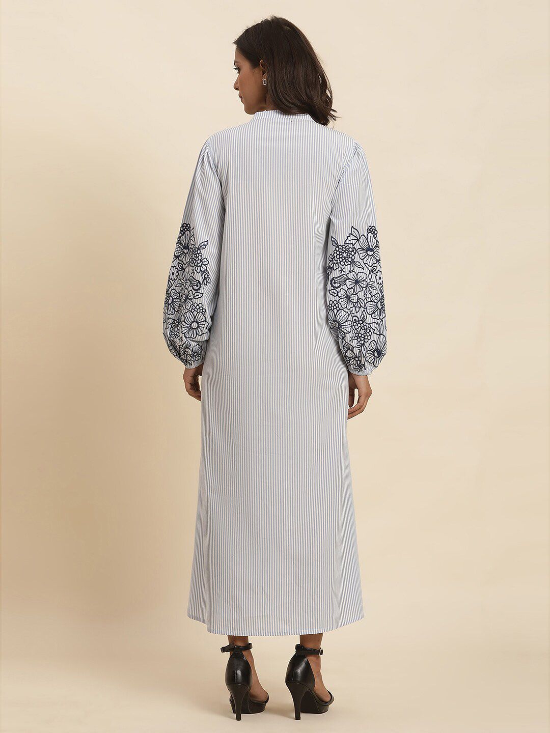 W Striped Embroidered Pure Cotton Shirt Style Maxi Dress