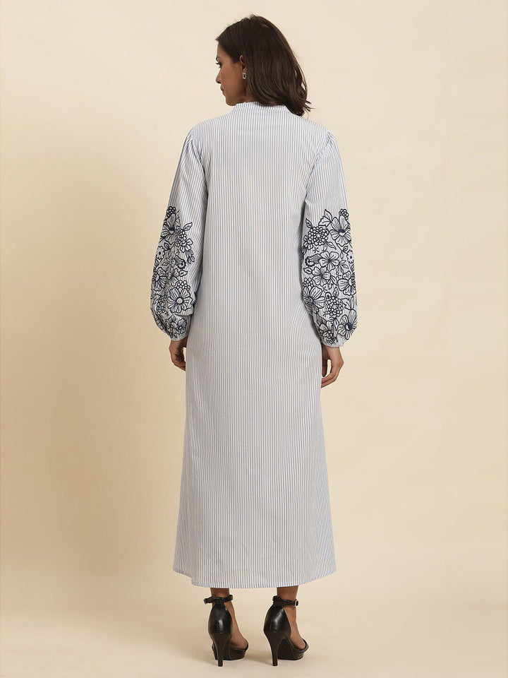 W Striped Embroidered Pure Cotton Shirt Style Maxi Dress