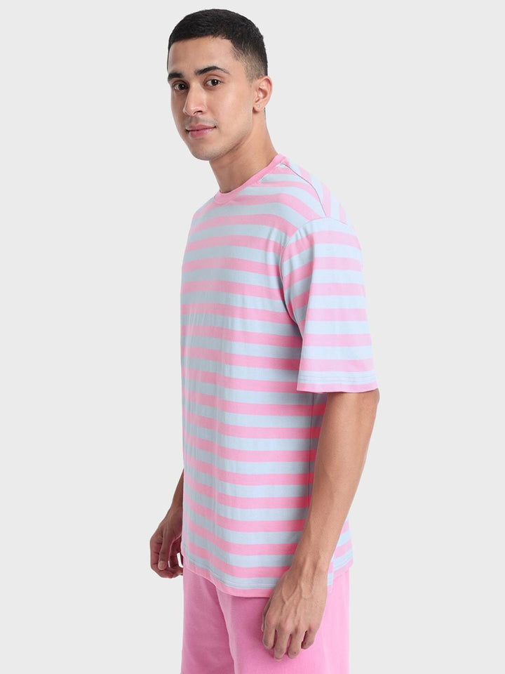 Bewakoof Men Pink & White Striped Oversized T-shirt
