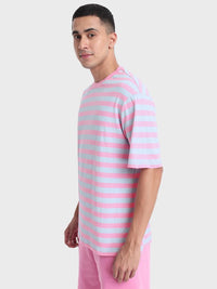 Bewakoof Men Pink & White Striped Oversized T-shirt