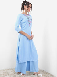 Vishudh Blue Floral Embroidered Keyhole Neck Straight Kurta With Palazzos