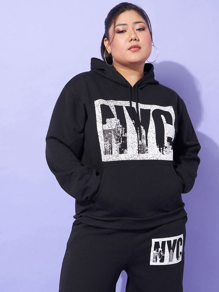 SASSAFRAS Curve Plus Size Hooded Neck Typography Printed Sweatshirt With Joggers Co-Ords