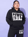 SASSAFRAS Curve Plus Size Hooded Neck Typography Printed Sweatshirt With Joggers Co-Ords