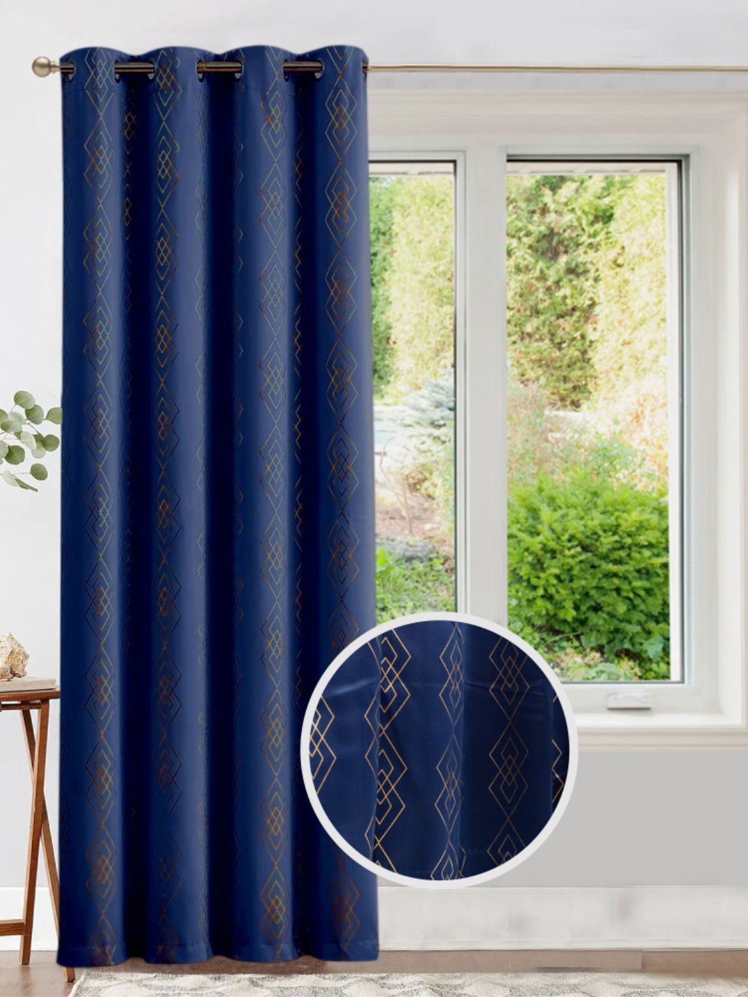 URBAN SPACE Navy Blue & Brown Geometric Printed Black Out Window Curtain