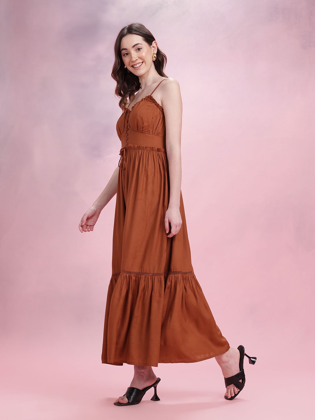 DressBerry Shoulder Straps Ruffle & Tie-Up Detail Midi Empire Dress