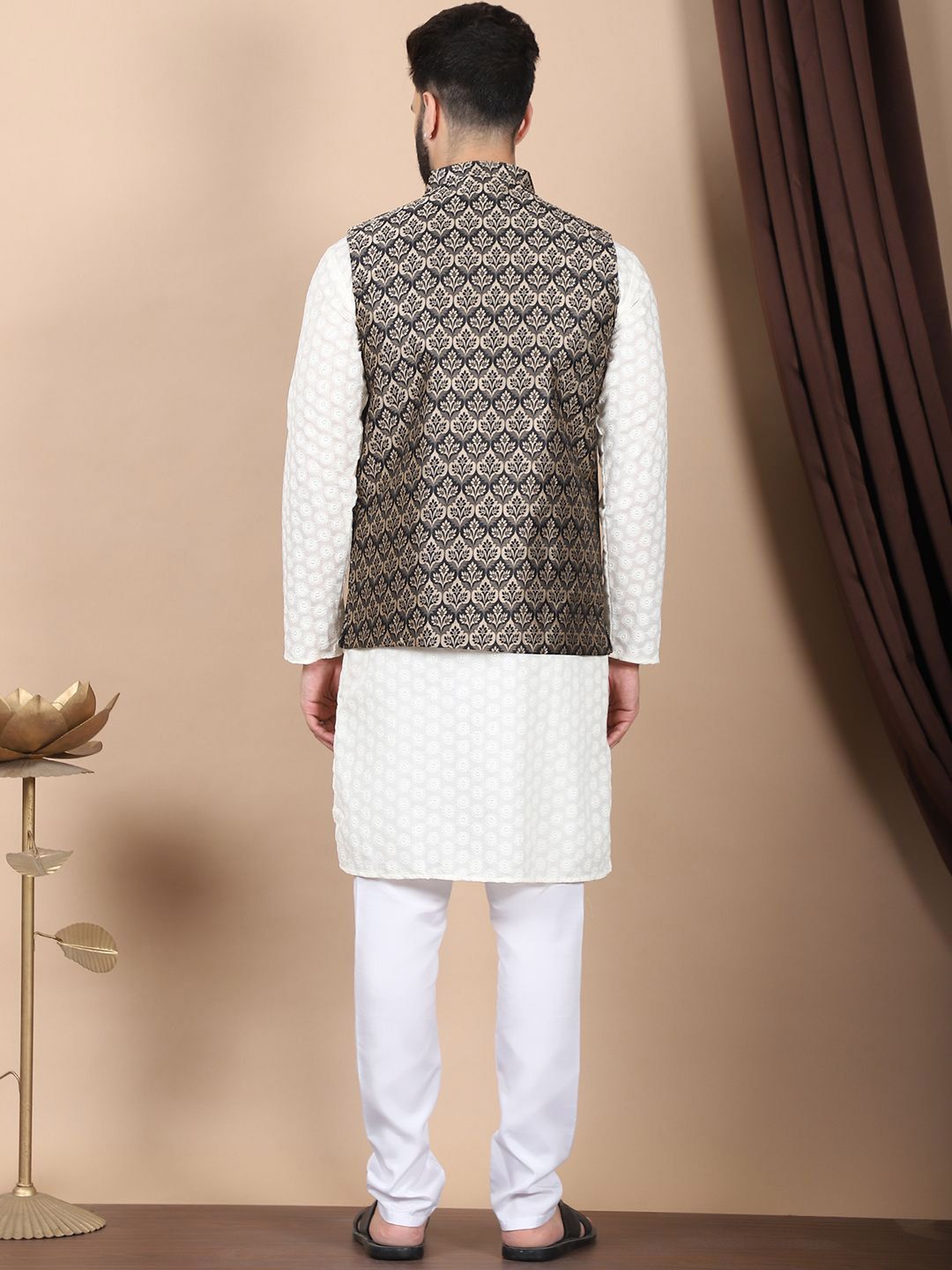 Anouk Cream-Coloured Floral Embroidered Pure Cotton Kurta with Churidar & Nehru Jacket