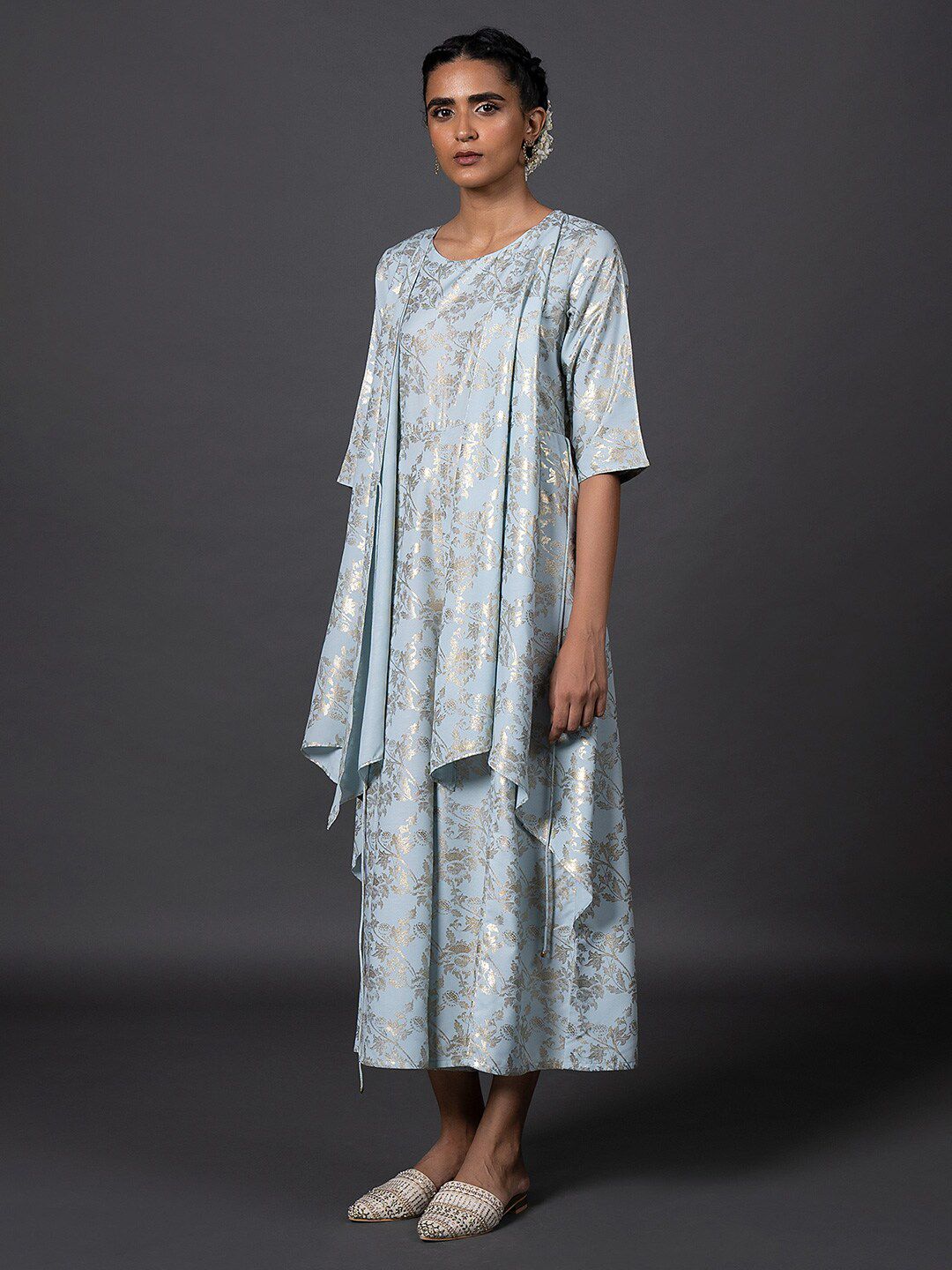 W Women Blue & Gold-Toned Printed Basic Layered Jumpsuit