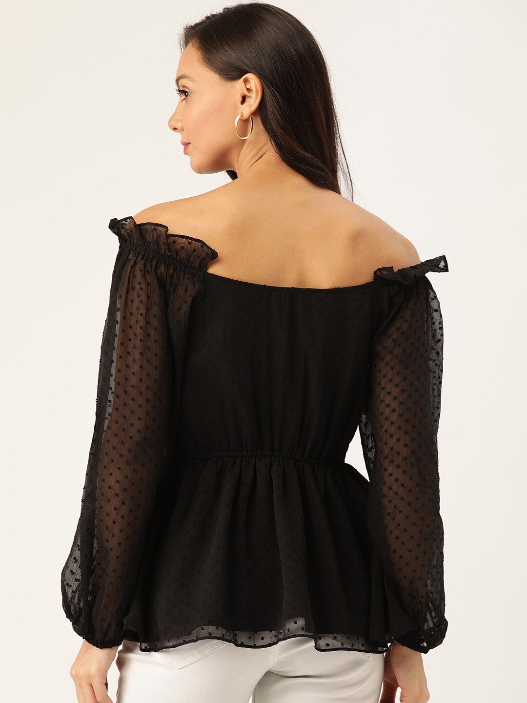 Antheaa Women Black Self-Design Bardot Top