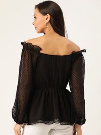 Antheaa Women Black Self-Design Bardot Top
