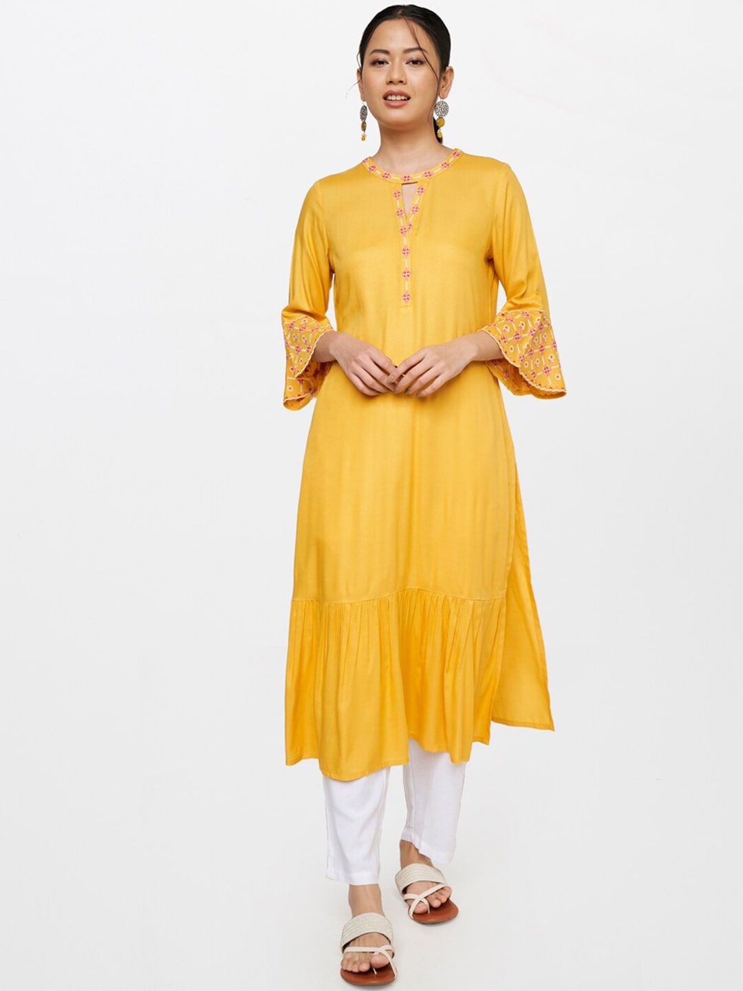 Global Desi Women Mustard Yellow Embroidered Keyhole Neck Bell Sleeves Thread Work Kurta
