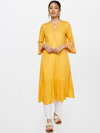 Global Desi Women Mustard Yellow Embroidered Keyhole Neck Bell Sleeves Thread Work Kurta