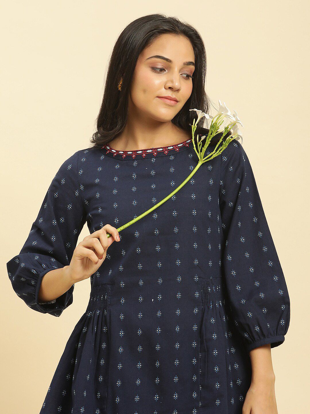 W Ethnic Motifs Printed Puff Sleeves Cotton Peplum Top