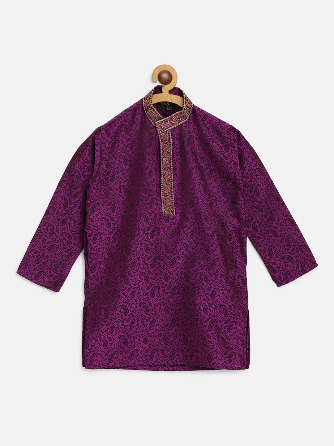 SOJANYA Boys Purple & Black Woven Design Thread Work Band Collar Kurta