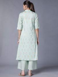 Vishudh Women Turquoise Blue & Gold-Toned Printed Kurta with Palazzos
