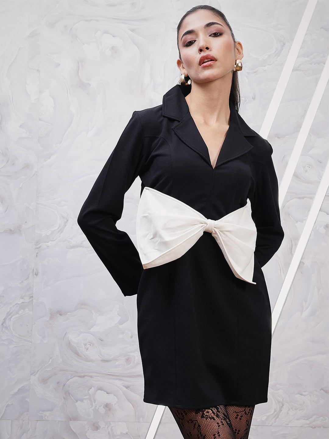 Athena Shirt Collar Long Sleeves Scuba Bow Detail Sheath Dress