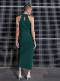 SASSAFRAS Green High Neck Sheath Midi Dress