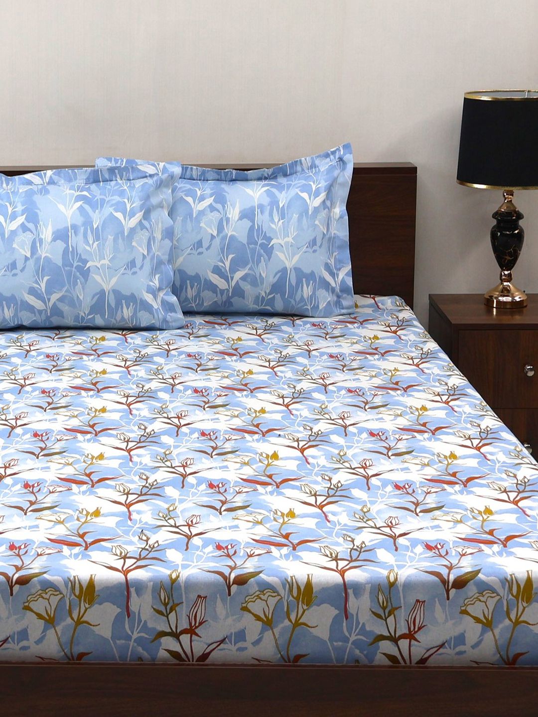 BOMBAY DYEING Blumen Blue Floral 104 TC Cotton Queen Bedsheet Set-2.24 m X 2.54 m