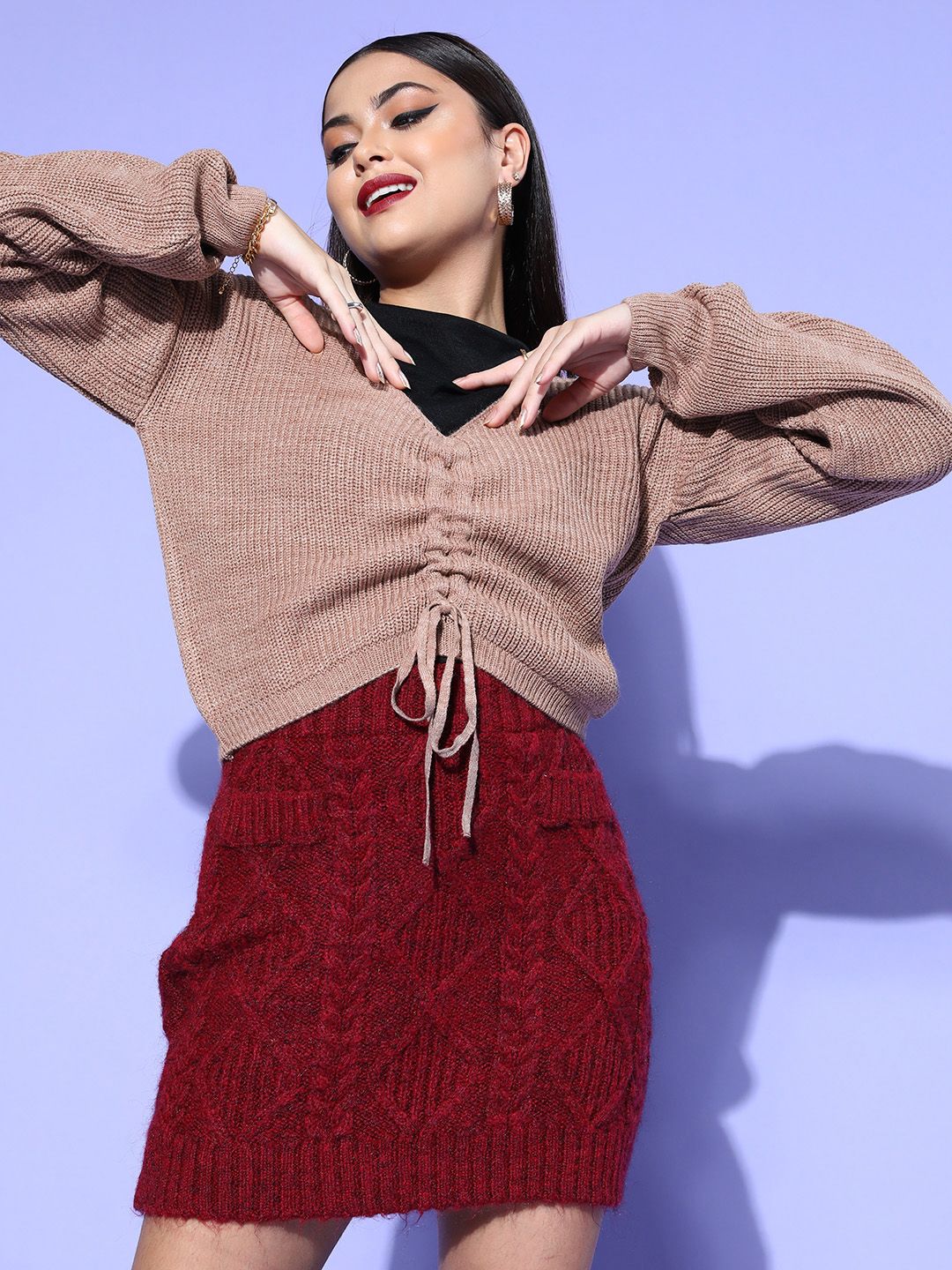Berrylush Women Peach Solid Knits Bits Sweater