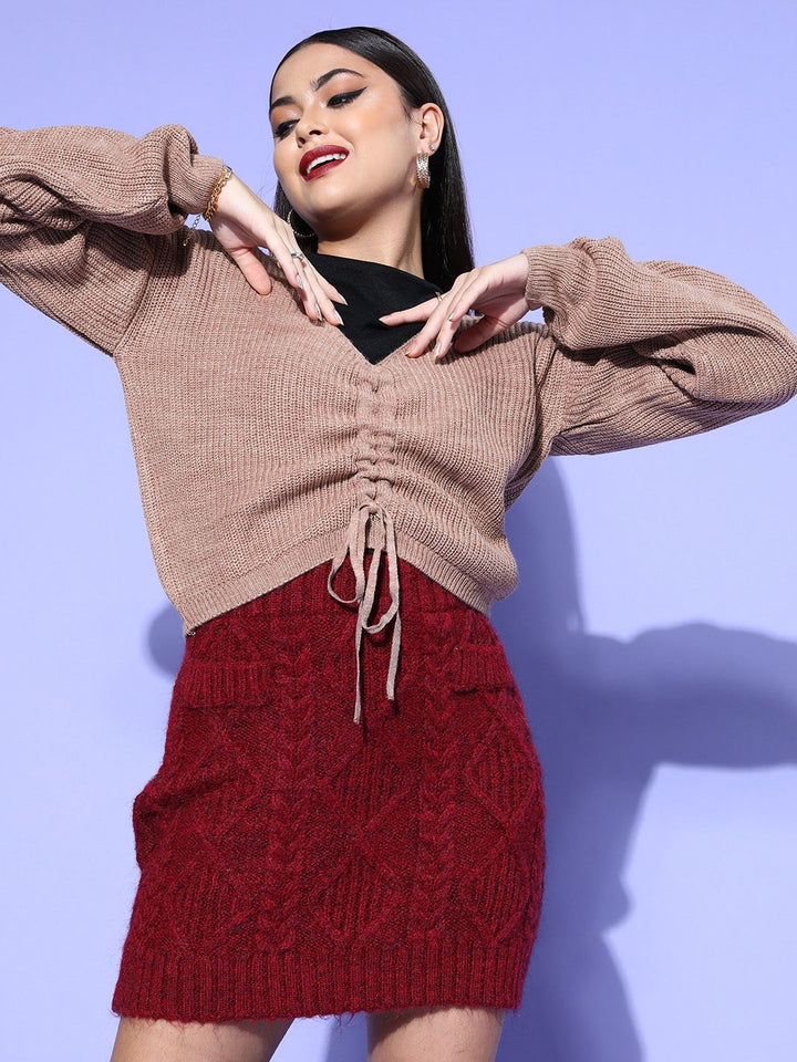 Berrylush Women Peach Solid Knits Bits Sweater