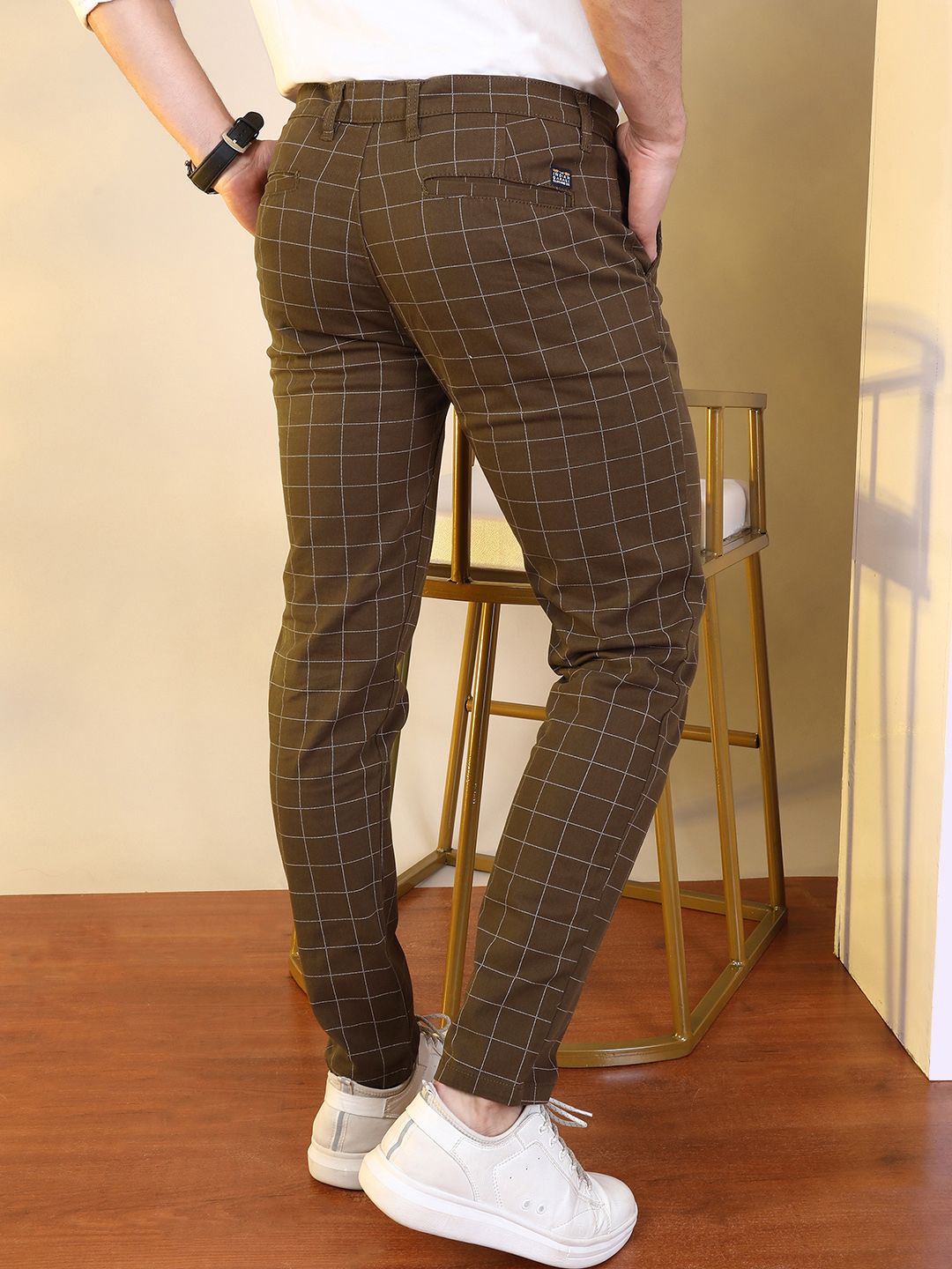 The Indian Garage Co Men Brown Slim Fit Checked Regular Trousers