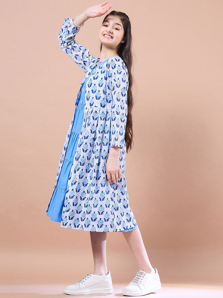 pspeaches Girls Floral Print Round Neck Sleeveless Tiered Midi Fit & Flared Cotton Dress