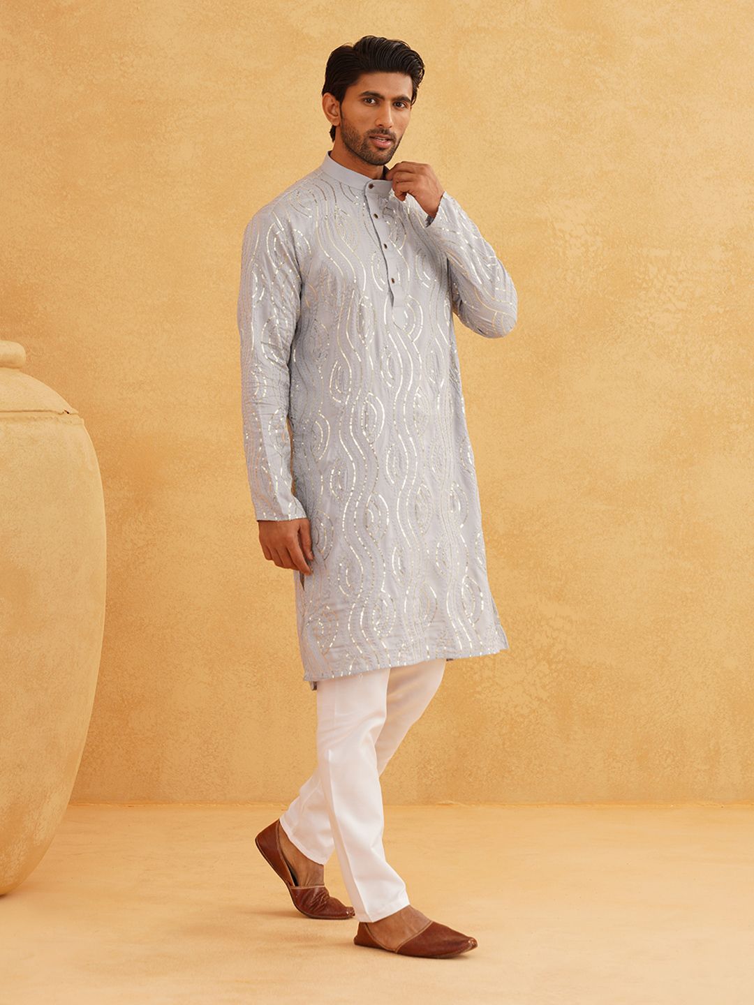 SOJANYA Leheriya Embroidered Sequinned Pure Cotton Kurta With Churidar