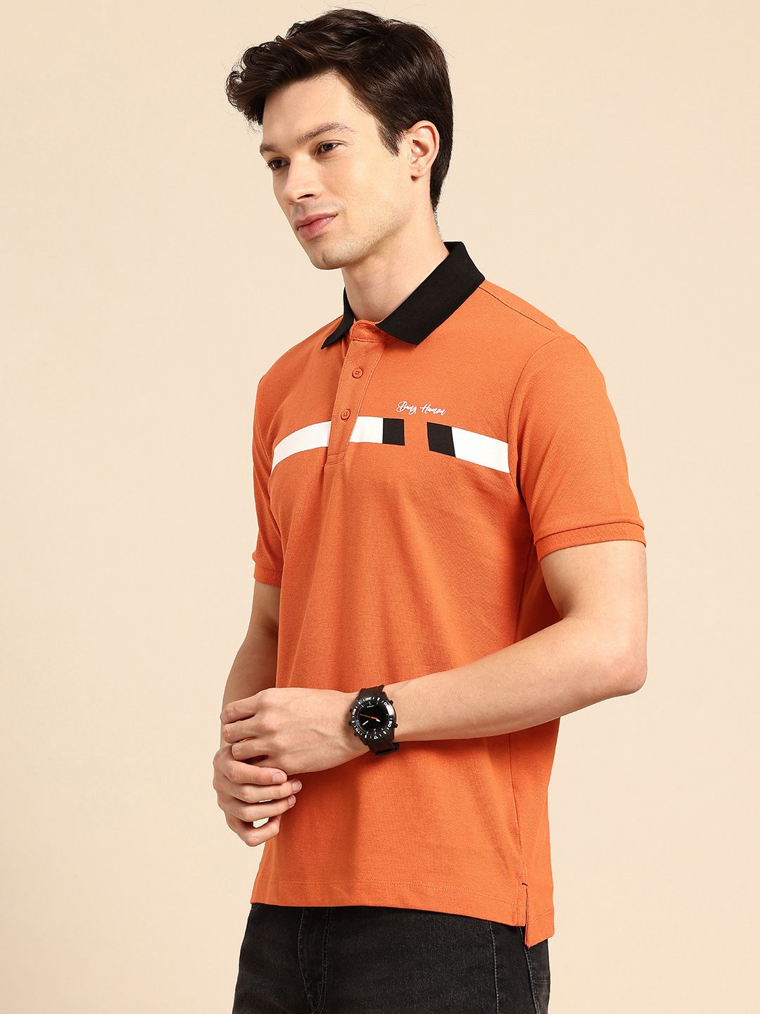 Being Human Pure Cotton Striped Polo Collar T-shirt