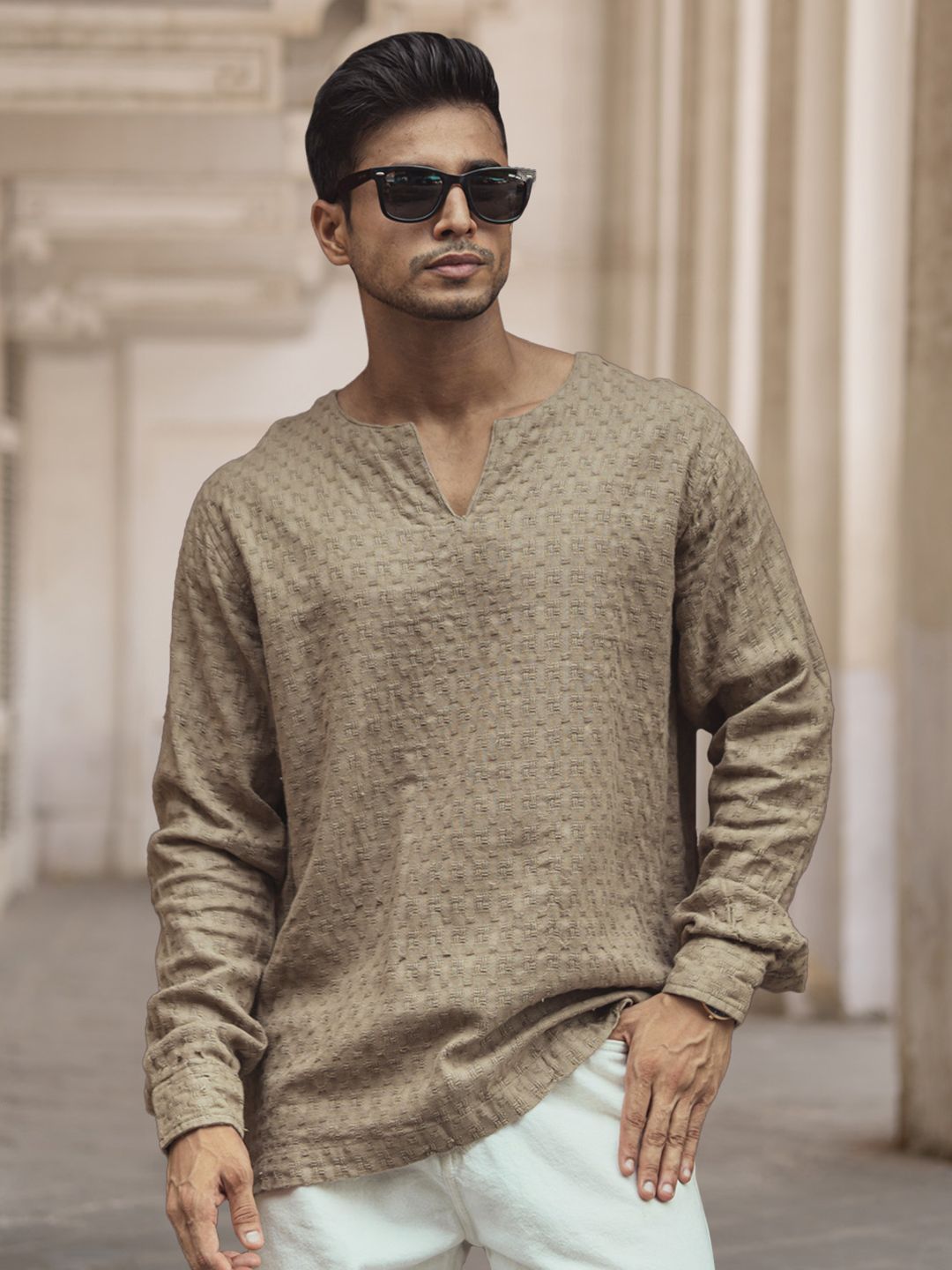 Powerlook Men Collarless Popcorn Texture Pure Cotton Casual Shirt