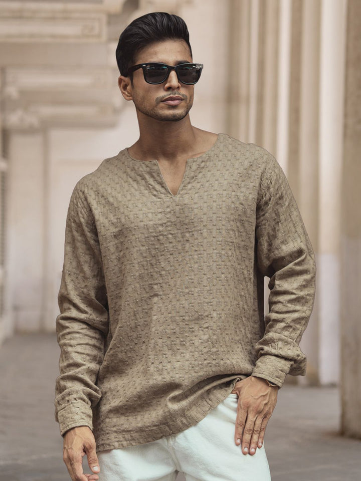 Powerlook Men Collarless Popcorn Texture Pure Cotton Casual Shirt