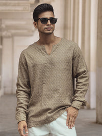 Powerlook Men Collarless Popcorn Texture Pure Cotton Casual Shirt