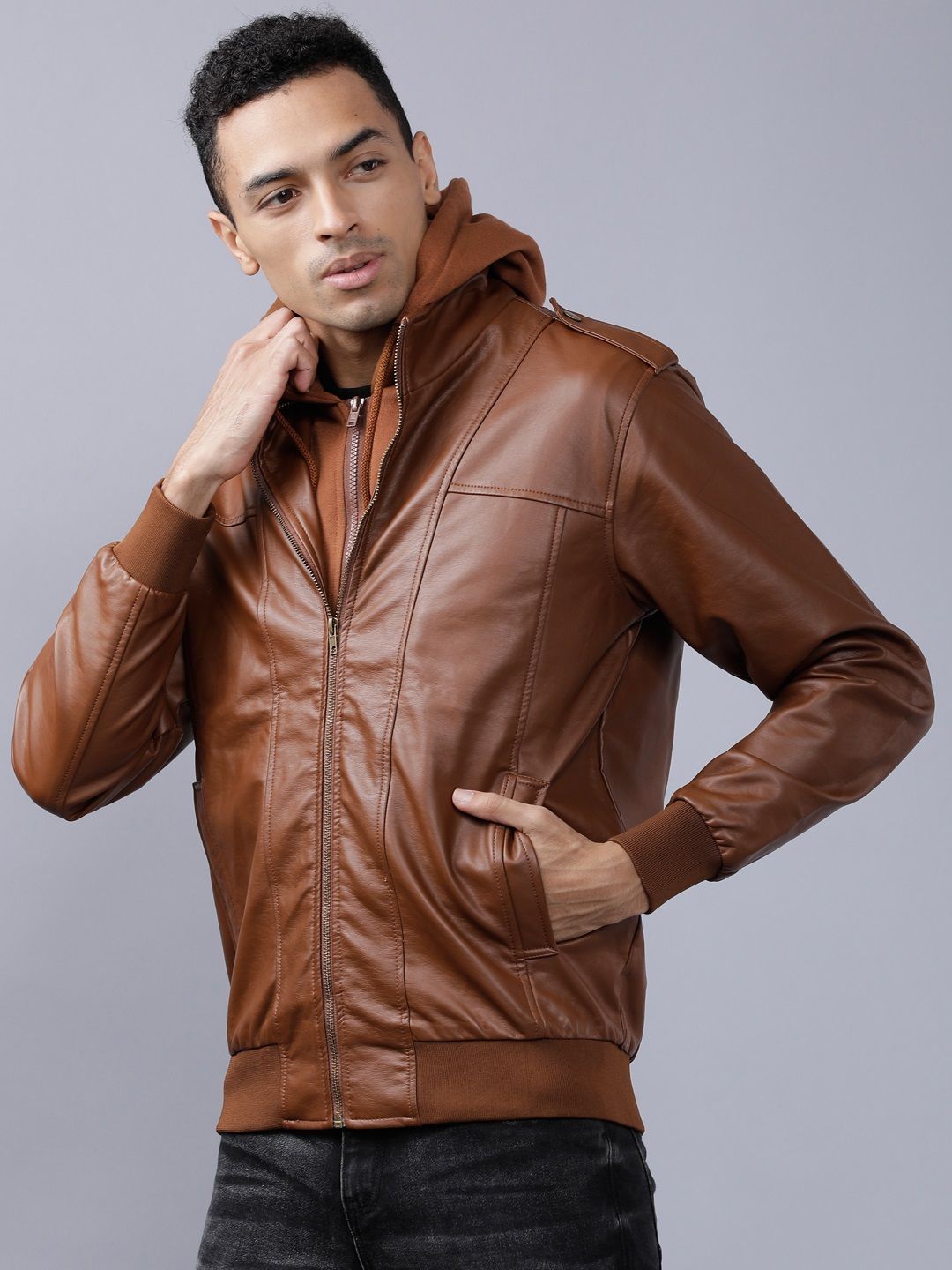HIGHLANDER Men Brown Solid Biker Jacket