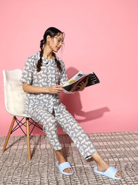 SANSKRUTIHOMES Women Grey & White Printed Pure Cotton Night Suit