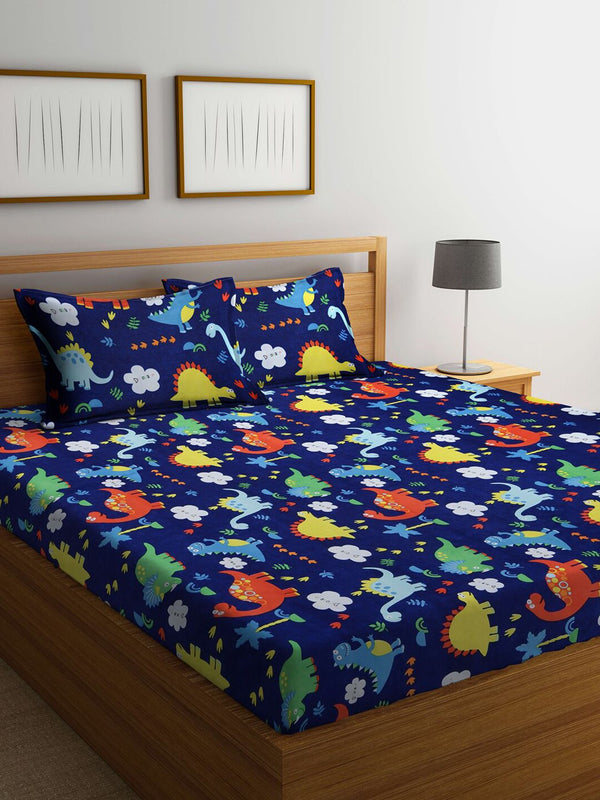 KLOTTHE Navy Blue & Yellow Graphic 300 TC King Bedsheet with 2 Pillow Covers