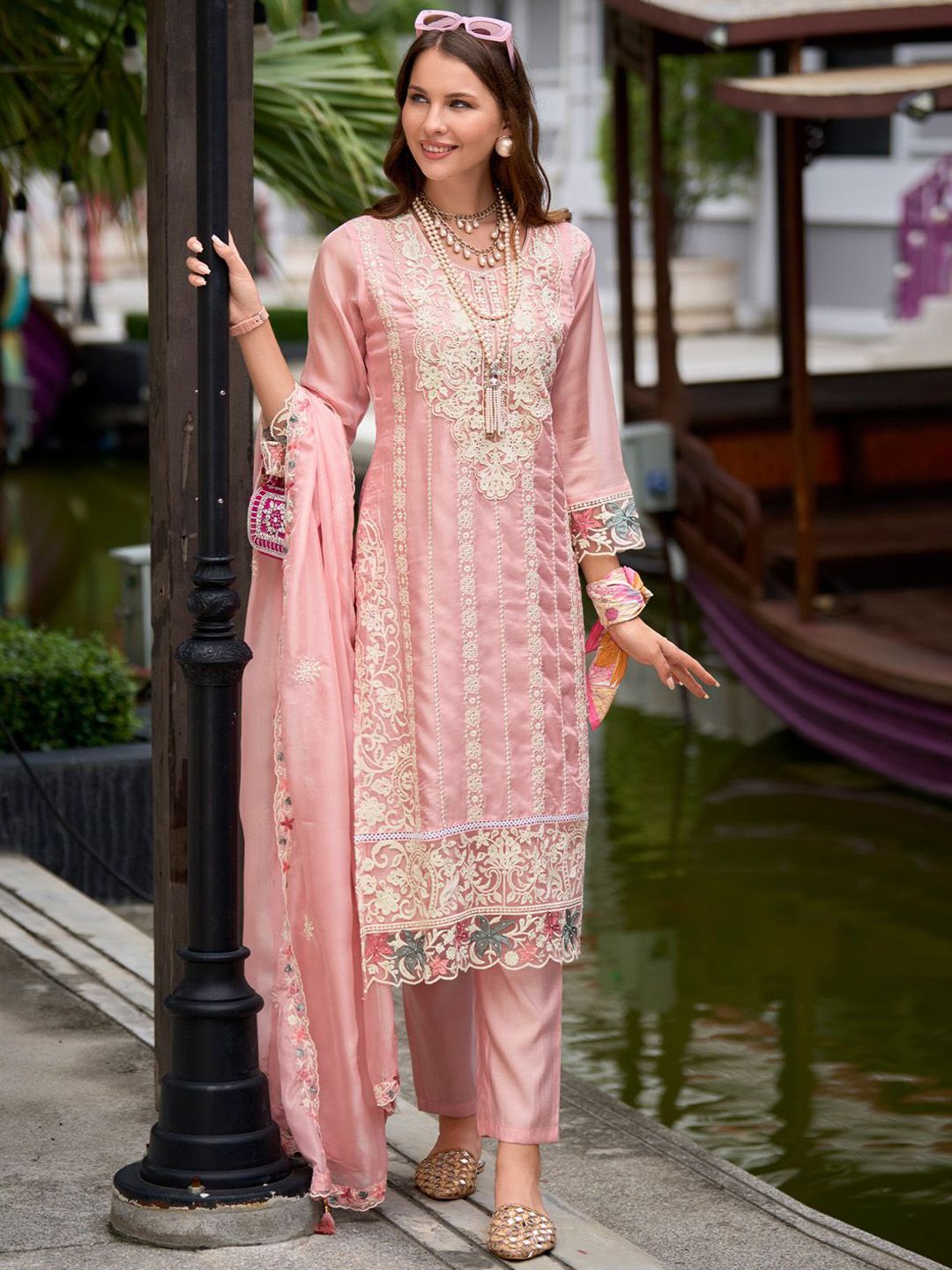 Indo Era Floral Embroidered Sequinned Straight Kurta with Trouser & Dupatta