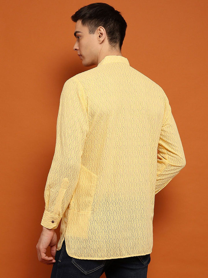 House of Chikankari Men Yellow Cotton Chikankari Embroidered Kurta