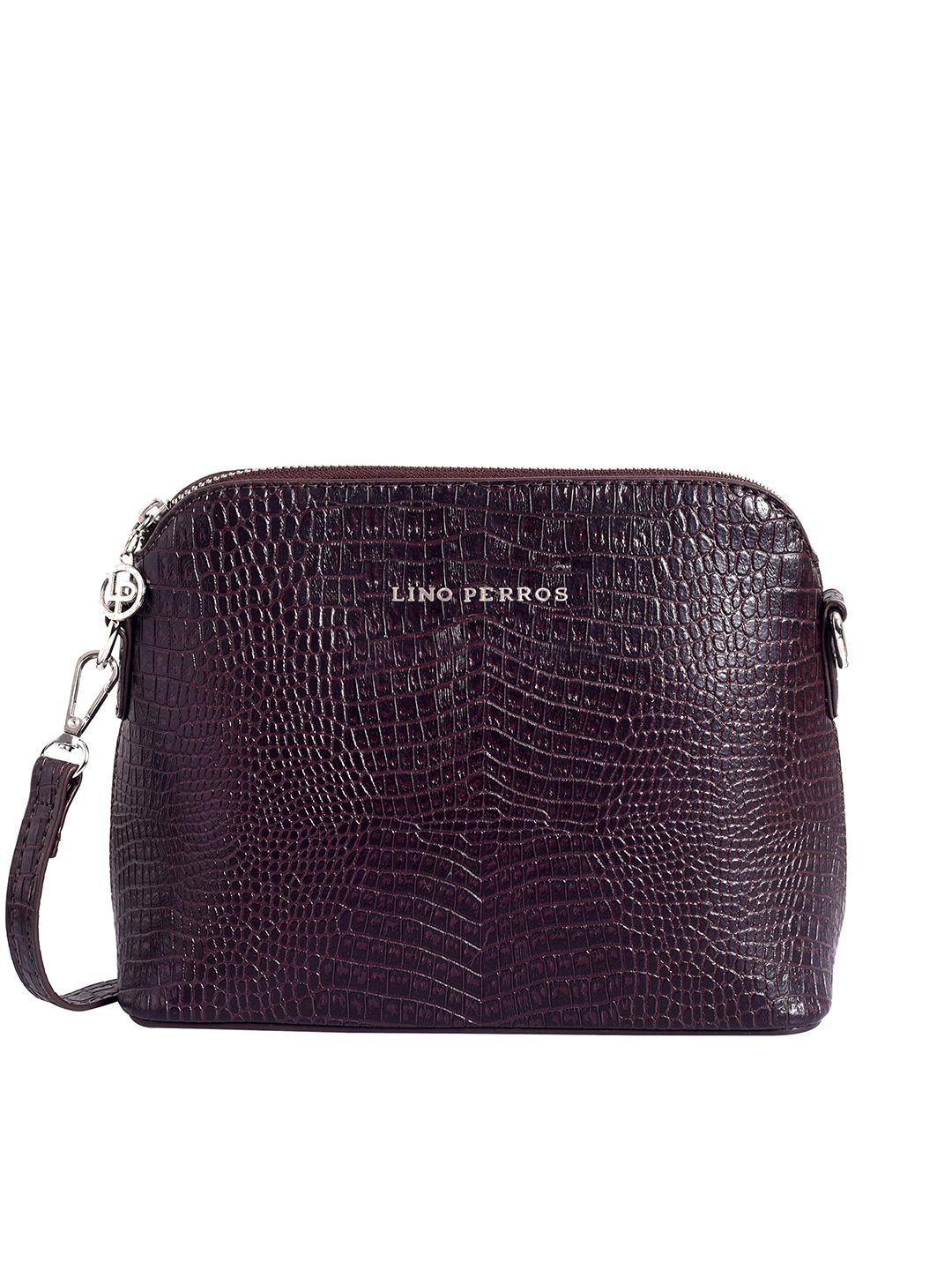 Lino Perros Women Coffee Brown Croc-Textured Structured Sling Bag