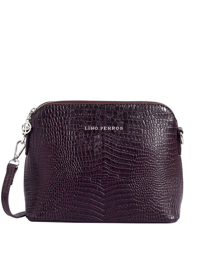 Lino Perros Women Coffee Brown Croc-Textured Structured Sling Bag