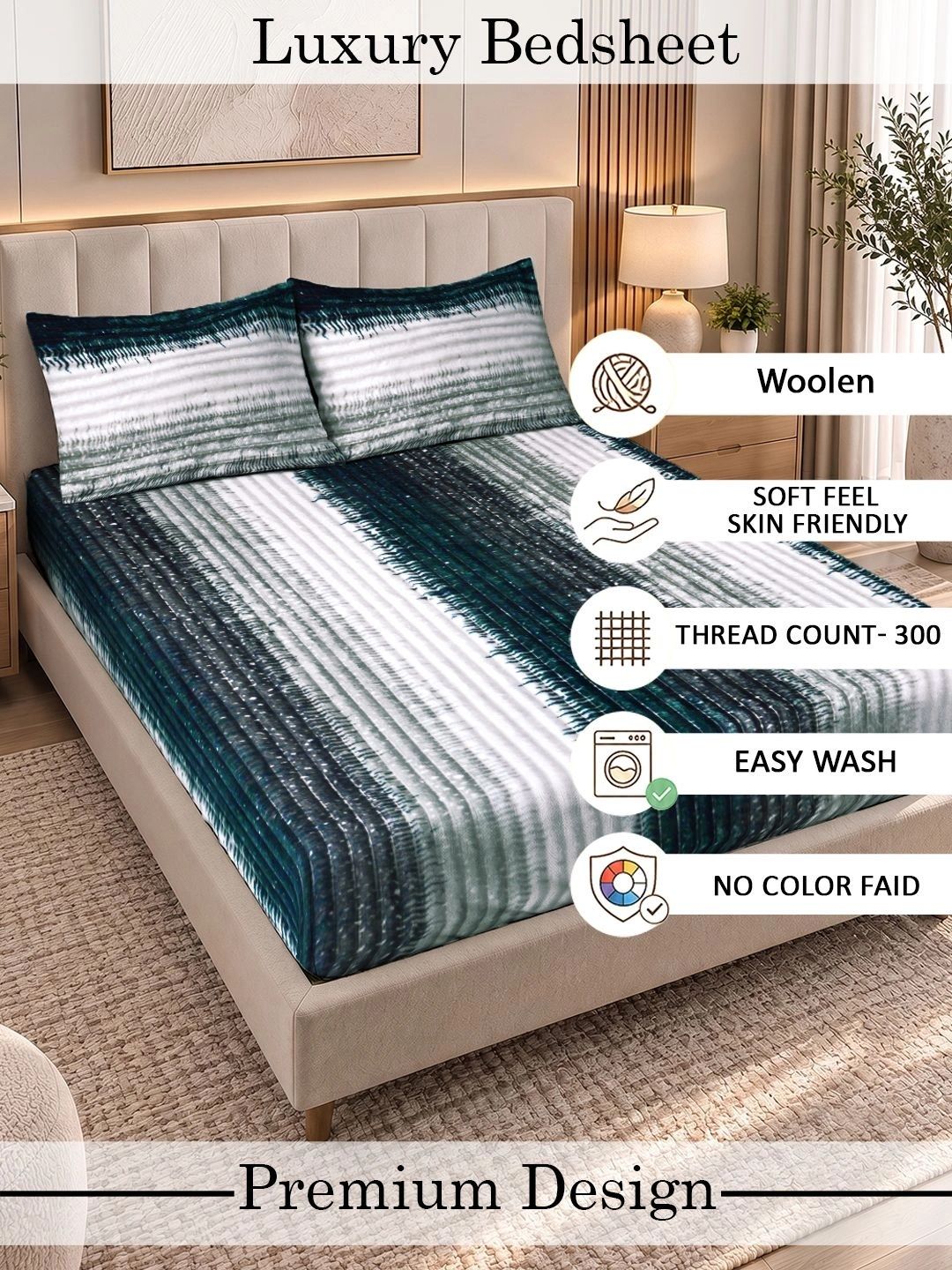 KLOTTHE Blue & White Striped 300 TC King Bedsheet with 2 Pillow Covers